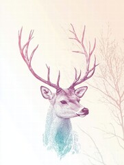 Aufkleber - Elegant deer illustration with detailed antlers and soft color gradient featuring ample copy space for design mock up. Generative AI
