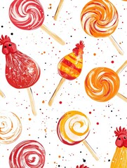 Aufkleber - Vibrant rooster shaped lollipops on a playful background with ample space for creative text placement. Generative AI