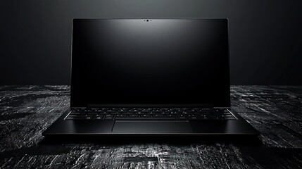 Elegant Black Laptop on Dark Wooden Surface
