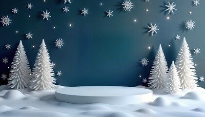 Wall Mural - Winter Christmas scene with white Christmas trees and snowflakes. Empty white podium stands on snowy ground. Dark blue background. Festive and minimalist design for product displays.