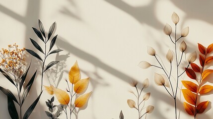 Wall Mural - Autumnal foliage and shadows on beige background.