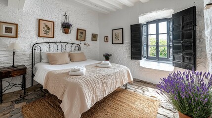 Wall Mural - A sunlit Mediterranean bedroom featuring whitewashed walls, terracotta tiles, and rustic charm, adorned with lavender and natural materials.