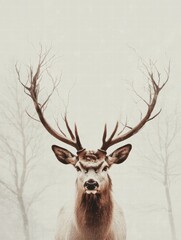 Poster - Elegant deer with branching antlers standing gracefully in a misty forest during twilight, showcasing serene beauty and calmness. Generative AI