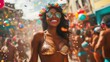 © Silvana - A stunning photo capturing the essence of a Brazilian street carnival, featuring a woman in a vibrant bikini with glitter and feathers, dancing joyfully among a lively crowd to samba music.