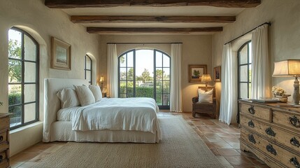 Wall Mural - This cozy bedroom features arched windows, warm tones, and rustic charm reflecting Mediterranean design. It has a sunlit ambiance and natural materials throughout.