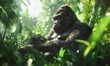 © Valentyna - Powerful gorilla sitting peacefully among jungle foliage, its calm eyes reflecting deep intelligence.