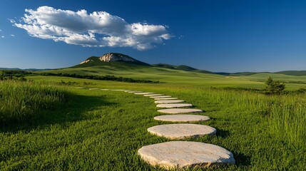 Wall Mural - Stone path winding through grassy field towards hill under blue sky.