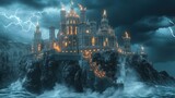 Stormy night, coastal castle ablaze, dramatic ocean waves.