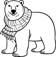 Wall Mural - Polar bear illustration wearing a scarf, black and white outline drawing.