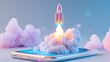 © PixelPlace - A vibrant rocket launches from a smartphone, surrounded by colorful clouds, symbolizing innovation and creativity in technology.