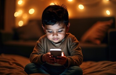 Cute little Indian boy engrossed in smartphone. Child uses mobile phone with warm lighting background. Playful expression. Casual attire. Indoor setting. Child seems happy using tech. Possible