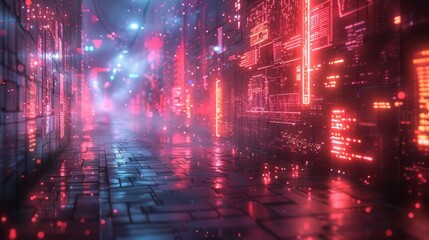 Wall Mural - conceptualize a neon exhibit of computer animation symbols, including shimmering