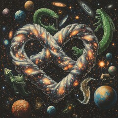 Wall Mural - surreal cosmic pretzel with green lizards and vibrant planets in outer space art universe galaxy neb