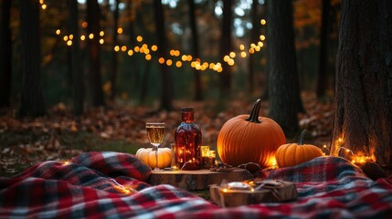 Canvas Print - Autumn picnic in the woods with pumpkins, wine, and fairy lights.