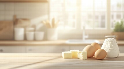 Poster - Kitchen countertop with eggs, milk, flour, and butter ready for baking a delicious treat in bright sunlight. Generative AI