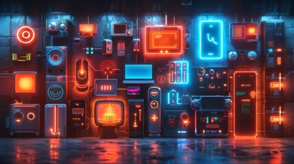 Wall Mural - Design a collection of neon tech integration symbols, including shining