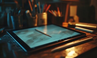 Stylus hovering over a minimalist interface on a high-resolution design tablet, surrounded by creative tools.