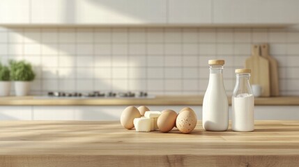 Poster - Fresh ingredients arranged on a wooden kitchen counter for baking during the day. Generative AI