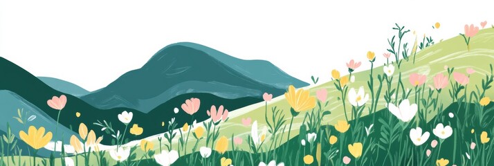 Aufkleber - Doodle depicting serene mountain slopes with vibrant flowers and ample copy space for creative text placement. Generative AI