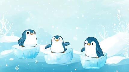 Poster - Playful penguins enjoying their time on floating icebergs in a serene icy landscape with space for text. Generative AI