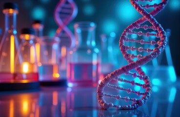 dna helix genetic disease study. test tubes surround dna structure. research, treatment of genetic d