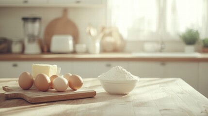 Poster - Fresh eggs, milk, flour, and butter arranged neatly on a wooden kitchen counter with ample copy space available. Generative AI