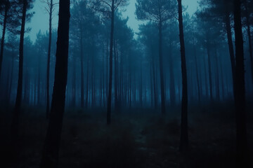 Mysterious, fog-shrouded forest at twilight. Dark trees and an eerie atmosphere.