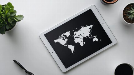 Poster - Modern flat lay arrangement featuring tablet displaying world map with natural elements and copy space for creative projects. Generative AI