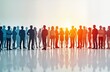 © Viktor - Large diverse group of people standing together in colorful illustration. Silhouettes varied in color, position. Appear to at meeting social gathering. Illustration highlights unity, togetherness