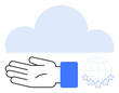 © robu_s - Hand gesture, blue cloud, globe with stars. Ideal for tech, global outreach, cloud services, innovation, collaboration quality connectivity. Line metaphor