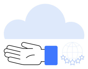 Hand gesture, blue cloud, globe with stars. Ideal for tech, global outreach, cloud services, innovation, collaboration quality connectivity. Line metaphor