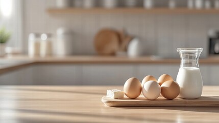 Poster - Ingredients for baking displayed on a wooden kitchen counter with ample space for text and creativity. Generative AI