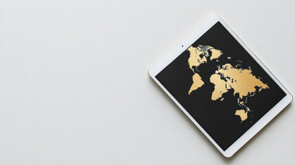 Poster - Modern flat lay of a tablet displaying a world map with ample copy space for text and creative designs. Generative AI