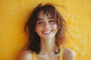 Wall Mural - Smiling young woman against vibrant yellow wall creating a cheerful atmosphere outdoors during the day