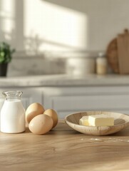 Leinwandbilder - Ingredients on a wooden kitchen counter ready for baking with space for your own recipe or text overlay. Generative AI
