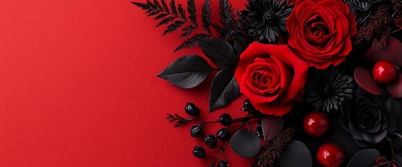 Wall Mural - Red and black floral arrangement on red background.