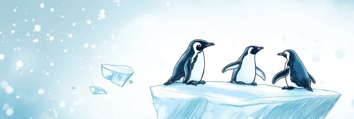 Poster - Playful penguins gathered on floating icebergs creating a cheerful winter atmosphere with plenty of space for text. Generative AI