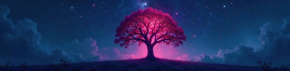 Wall Mural - Tree of darkness illuminated by an eerie glow in the void, night, neon