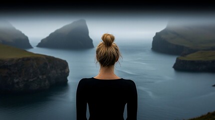 Poster - Woman admiring scenic islandscape.