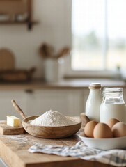 Fototapete - Ingredients for baking displayed on a wooden counter in a cozy kitchen with natural light and space for text. Generative AI
