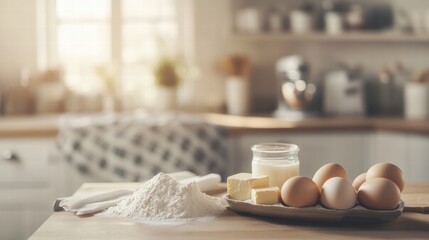 Poster - Ingredients for baking displayed on a wooden kitchen counter with sunlight filtering through a window. Generative AI