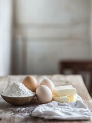Poster - Kitchen ingredients showcased on wooden countertop for baking preparations with empty space for text. Generative AI