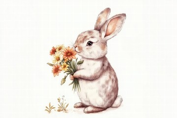 Poster - Cuddly rabbit holding a vibrant bouquet of flowers in a whimsical setting for creative endeavors. Generative AI
