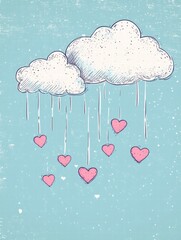 Leinwandbilder - Whimsical hand drawn clouds raining hearts on a soft blue background ideal for Valentines Day designs. Generative AI