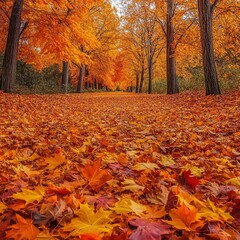 Wall Mural - Stunning Autumn Foliage in Vibrant Orange and Red Colors Covering a Forest Path with Tall Trees and Crisp Leaves Creating a Picturesque Fall Landscape