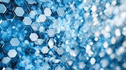 Abstract blue hexagon pattern background with depth and bokeh effect.