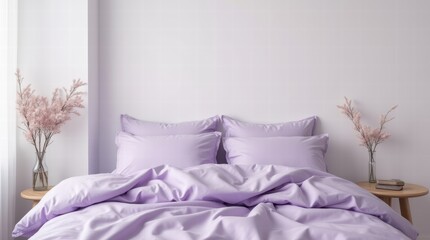 Wall Mural - A serene bedroom featuring pastel lavender bedding, a minimalist bedside table, and a small vase with flowers