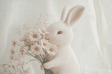 Fototapete - Cuddly rabbit holds a beautiful bouquet of flowers against a soft background with plenty of space for text. Generative AI
