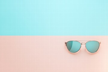 Poster - Trendy sunglasses positioned on pastel background creating ideal space for creative text and advertising. Generative AI