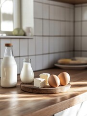 Fototapete - Ingredients for baking displayed on a wooden kitchen counter in a bright home kitchen. Generative AI